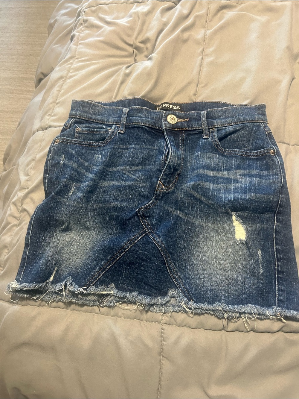 Express Distressed Dark Blue Denim Mini Skirt